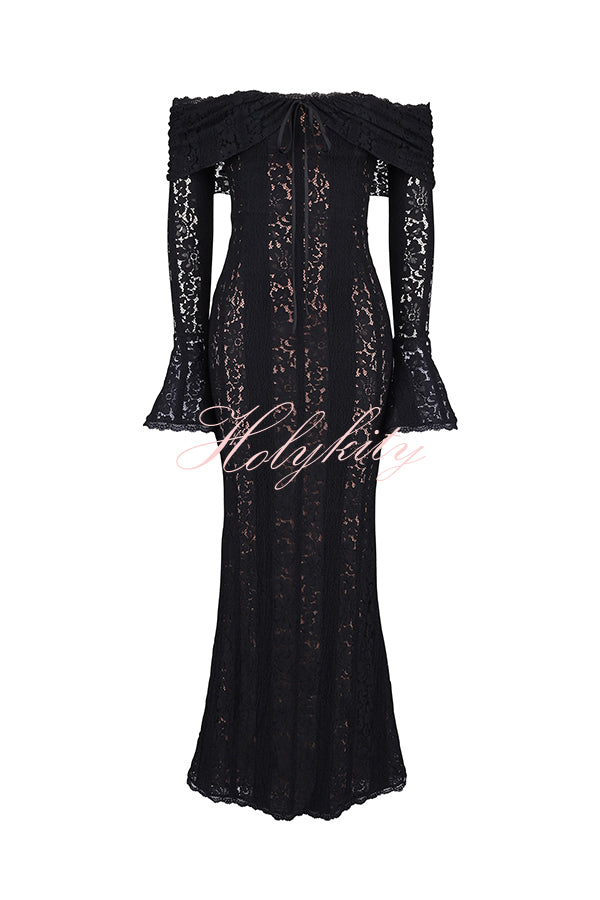 Outline The Curve Floral Lace Off Shoulder Bell Sleeve Stretch Maxi Dress