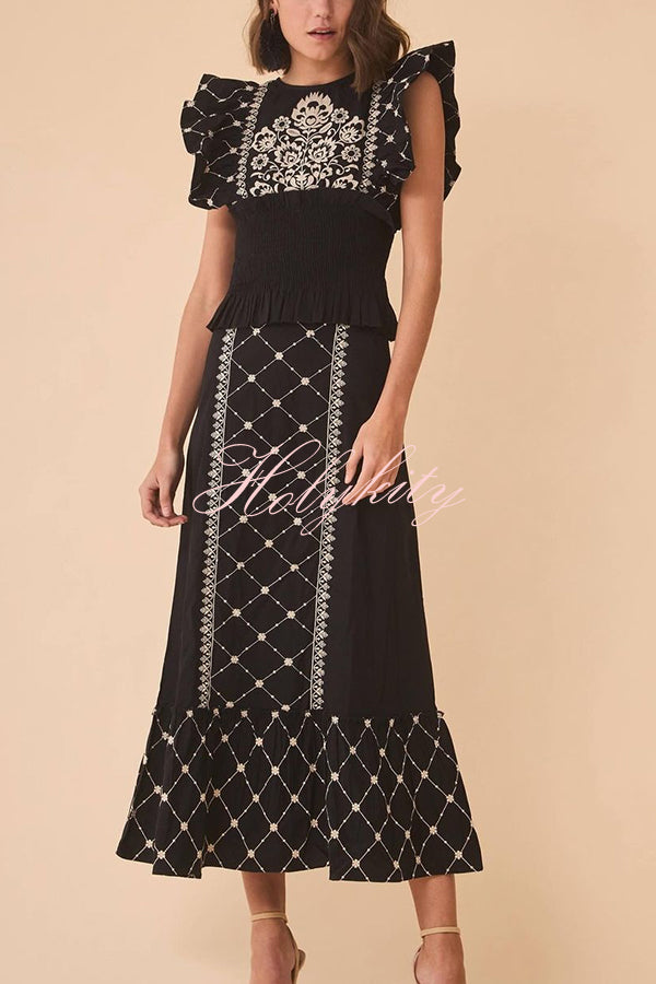 Kyoho Ethnic Unique Print Smocked Top and High Waist Midi Skirt Set