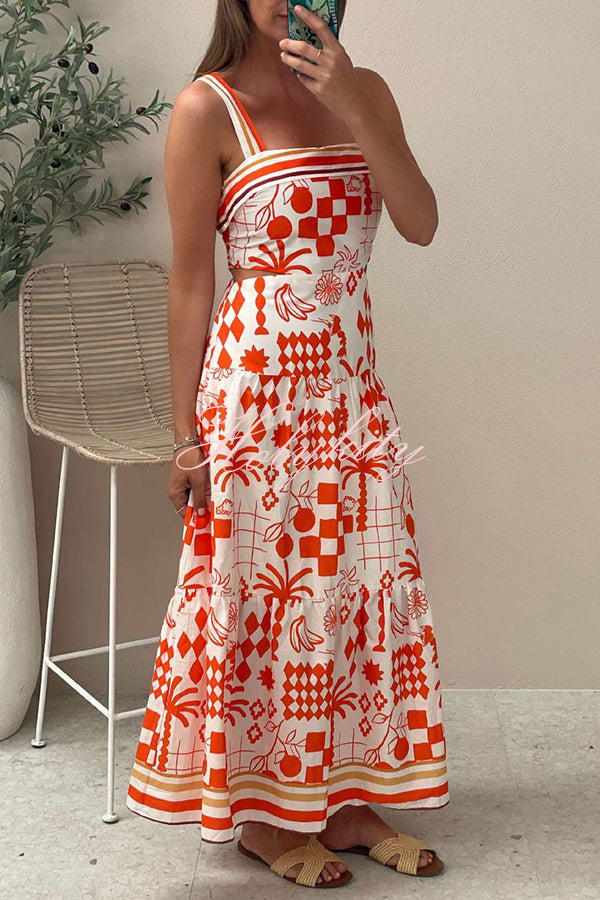 Unique Print Waist Cutout Back Gathered Suspender Maxi Dress