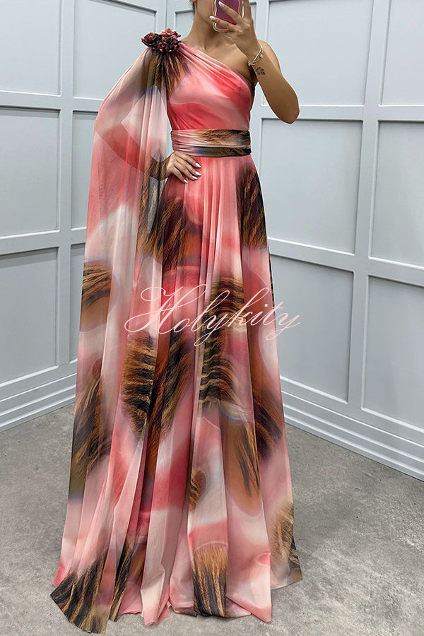 Lucia Unique Print Floral Detail One Shoulder Draped Sleeve Gown Maxi Dress