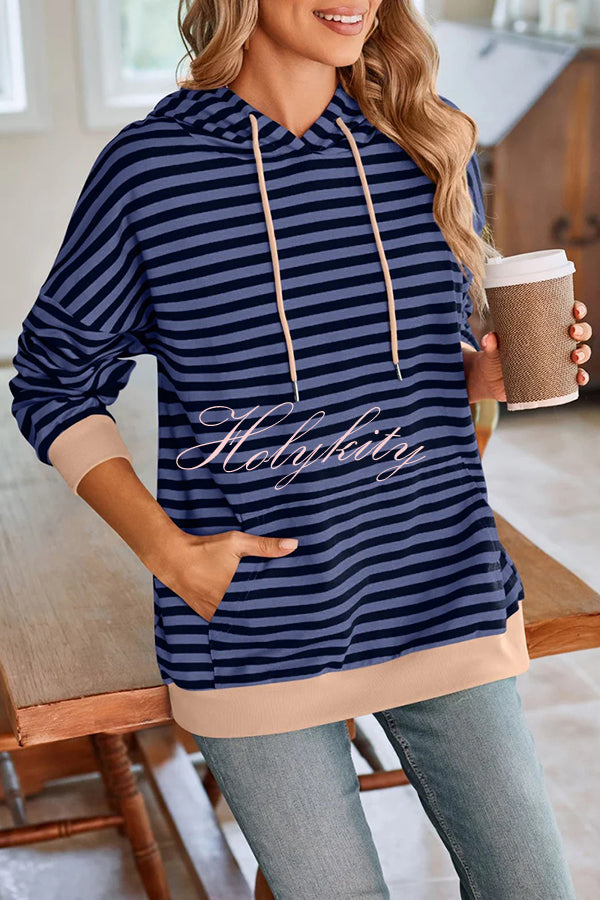 Striped Print Long Sleeve Pocket Loose Hoodie