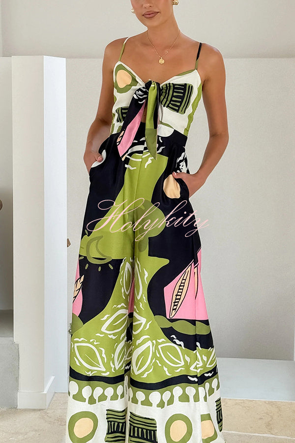 Unique Print Back Pleated Suspender Wide-leg Jumpsuit