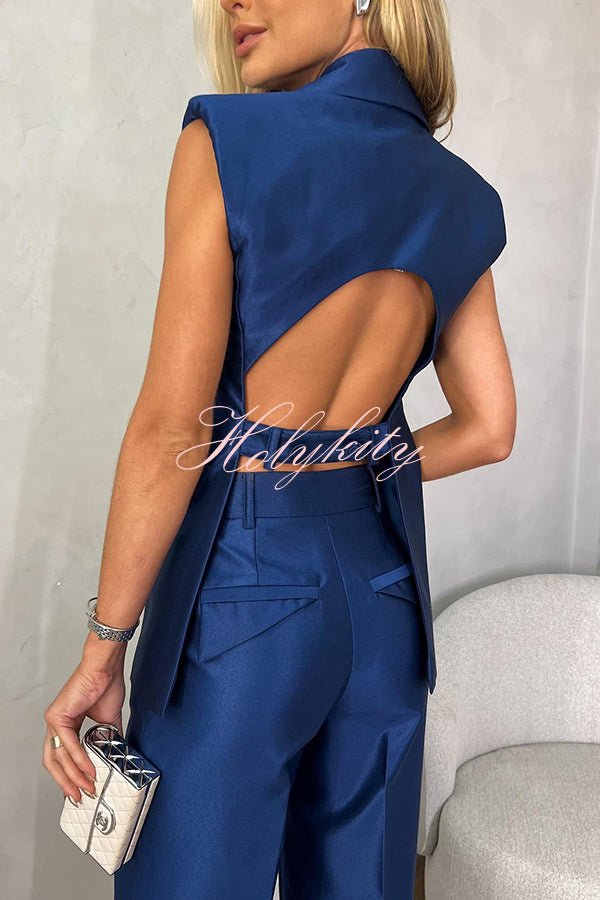 Luxurious Styling Satin Backless Straps Lapel Blazer Vest and Straight Pants Set