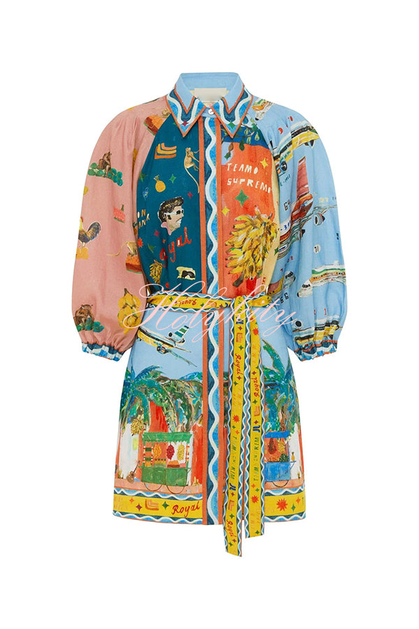 Bella Linen Blend Unique Print Balloon Sleeve Belted Pocket Shirt Mini Dress