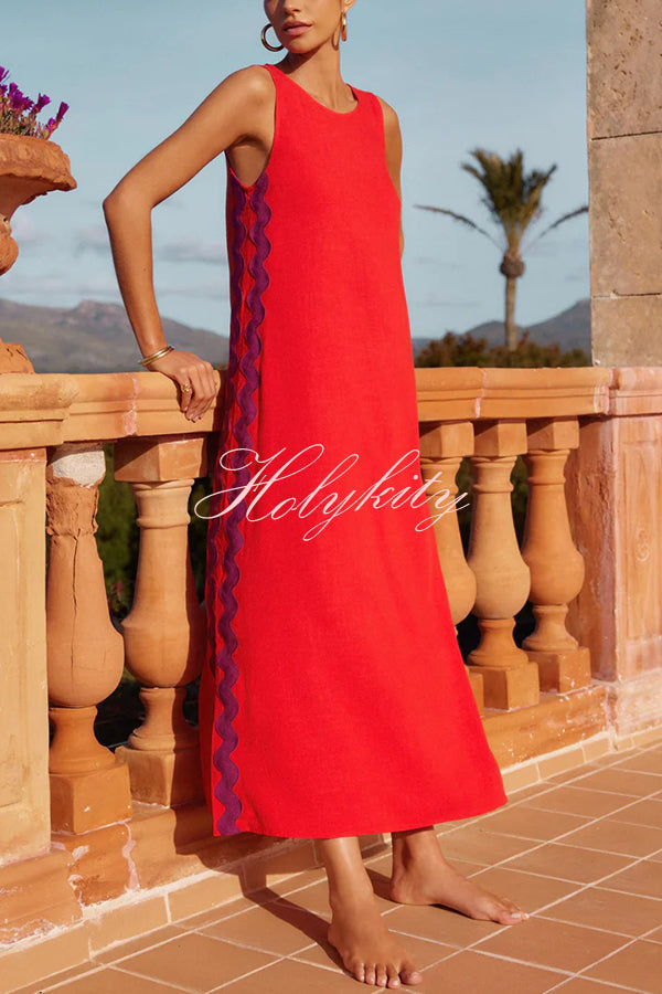 Vacation Villa Side Ric Rac Wave Trim Slit Loose Maxi Dress