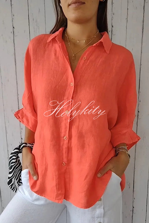 Linen Blend Solid Color Tie Back Loose Shirt Top