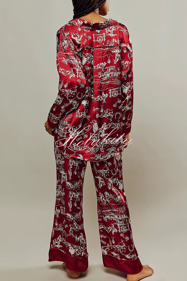 Unique Printed Lounge Long-sleeved Shirt and Elastic Waisted Baggy Pants Set