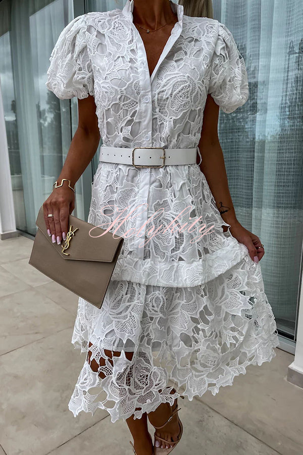 Absolutely Elegant Floral Crochet Lace Puff Sleeve Belted Shirt Midi Dress