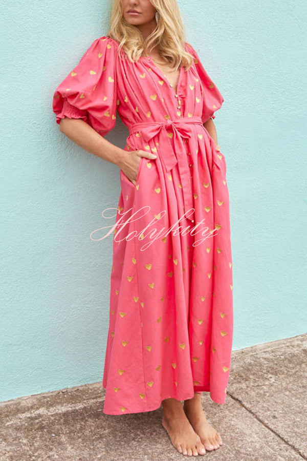 Valentine's Day Gold Heart Print Puff Sleeve Button Pocketed Loose Maxi Dress