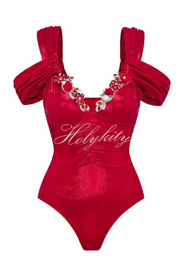 Solid Color Shiny Fabric Deep V Metal Embellished Stretch One-piece Swimsuit