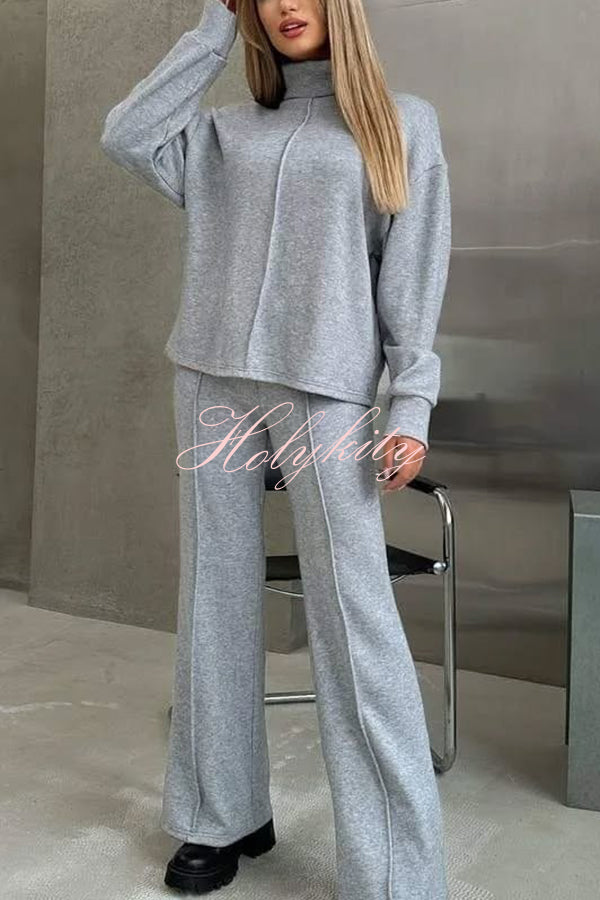 Solid Color Casual Knitted High Neck Long Sleeve Top and Elastic Waist Loose Pants Set