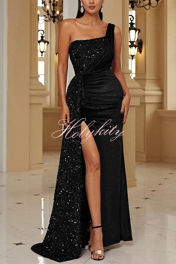 Taylor Sequin Velvet Patchwork One Shoulder Ruched Slit Prom Maxi Dress