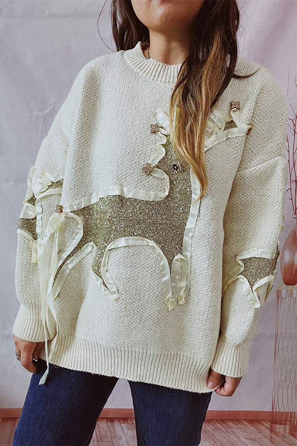 Christmas Pattern Knitted Crew Neck Long Sleeved Sweater