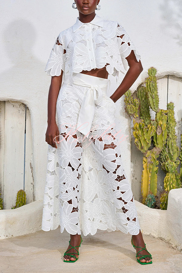 Redefining Elegance Floral Lace Cropped Shirt and Belt Pocketed Wide Leg Pants Set