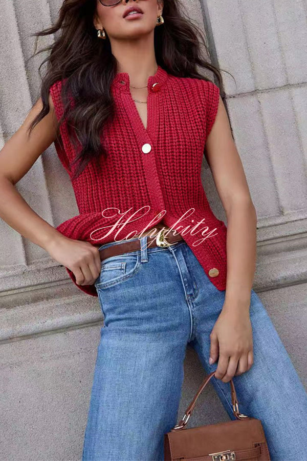 Solid Color Sleeveless Button Pocket Knit Vest