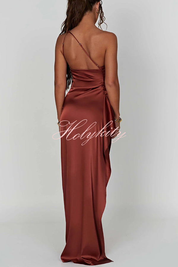 Fits Your Curves Satin One Shoulder Drape Slit Maxi Dress