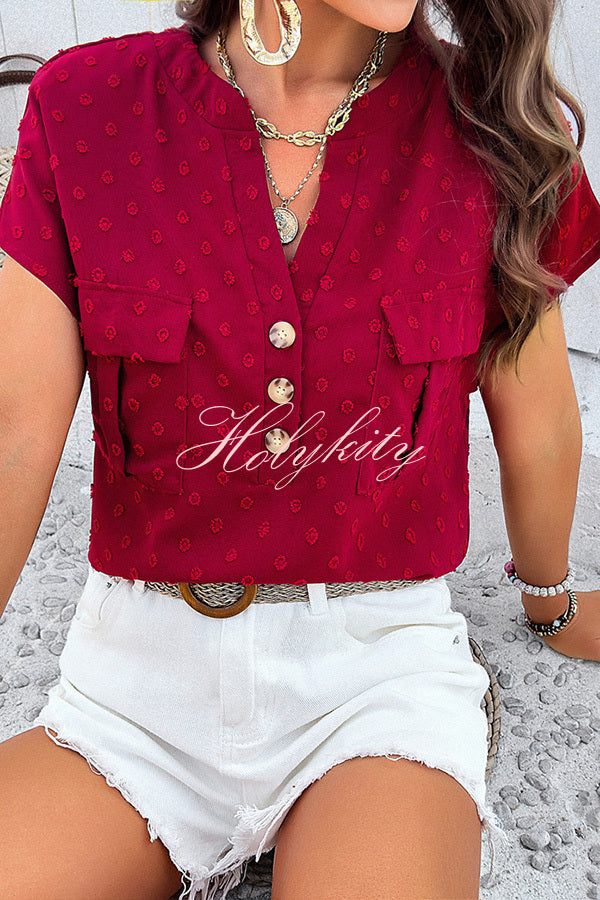 Simple Embroidered V Neck Pocket Button Down Short Sleeved Shirt