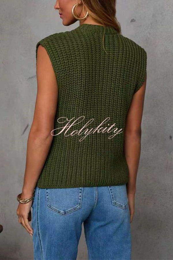 Solid Color Sleeveless Button Pocket Knit Vest