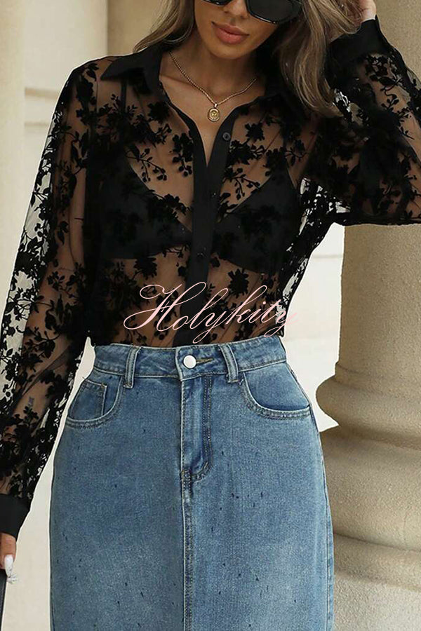 Fashion See-through Plant Lace Long Sleeve Loose Shirt