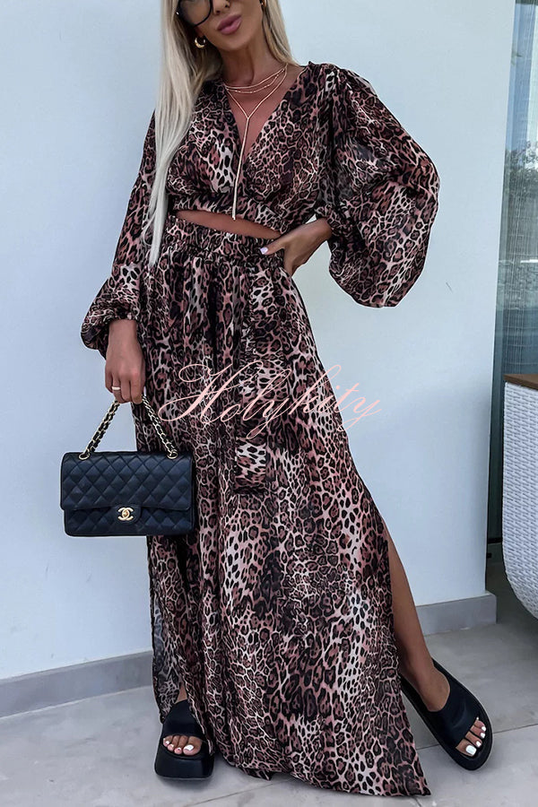 Lady Summer Leopard Print Lantern Sleeve Top and Elastic Waist Slit Pants Set