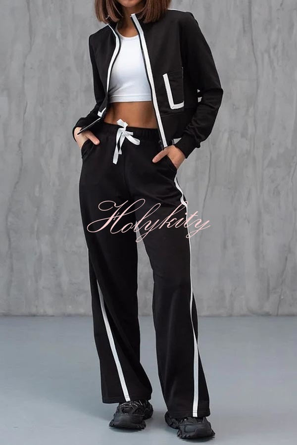 Andi Contrast Color Zipper Stand Collar Jacket and Drawstring Waist Pocketed Loose Pants Set