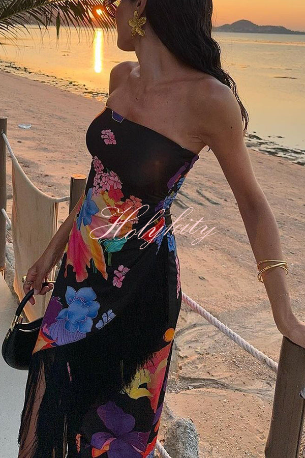 Island Girl Era Floral Print Tassel Trim Bandeau Stretch Midi Dress