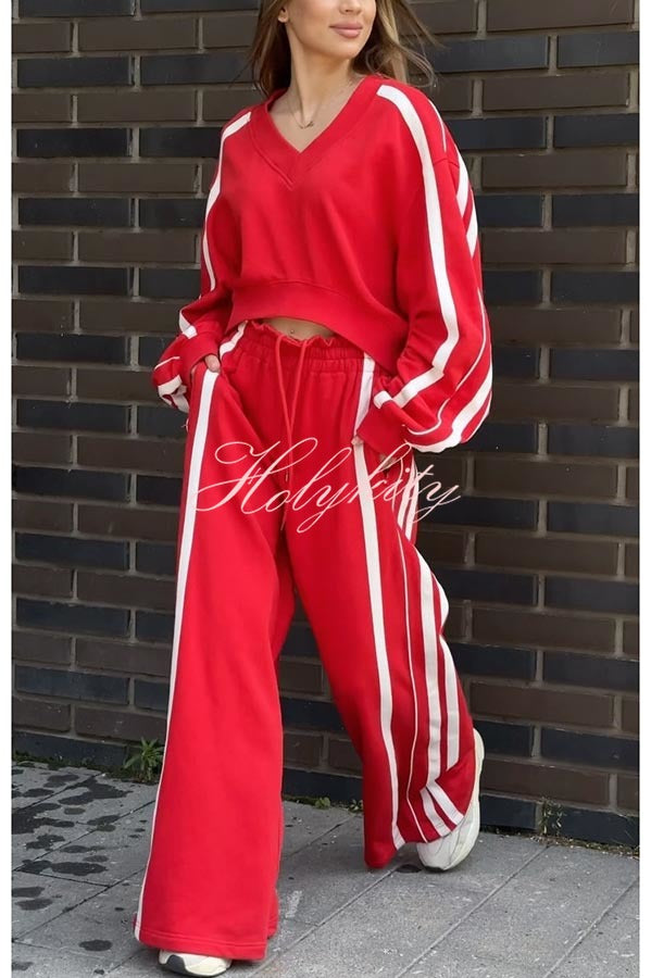 Sports Fashion Contrast Color V-neck Sweatshirt and Drawstring Waist Pocketed Loose Pants Set