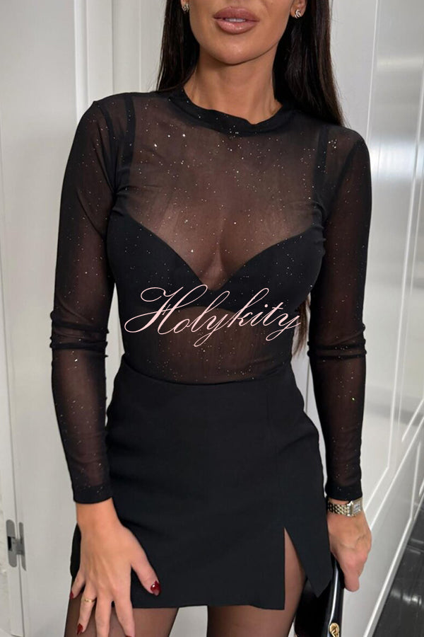 Feeling Flirty Mesh Glitter Fabric Long Sleeve Stretch Bodysuit