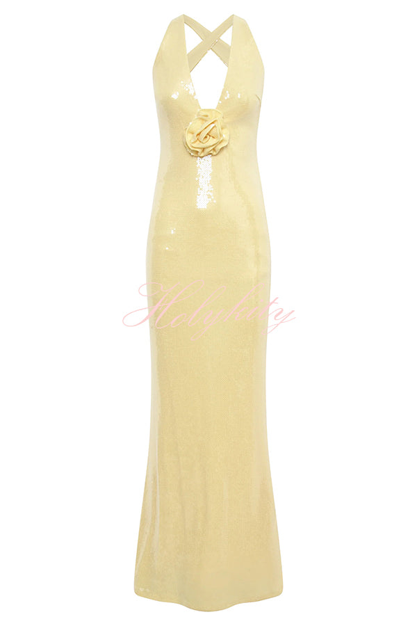 Sicilian Rose Sequin Three-dimensional Floral Sexy Backless Maxi Dress