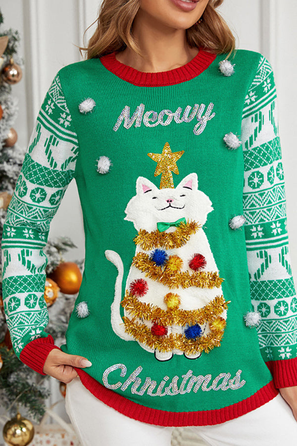 Christmas Print Crew Neck Long Sleeve Sweater