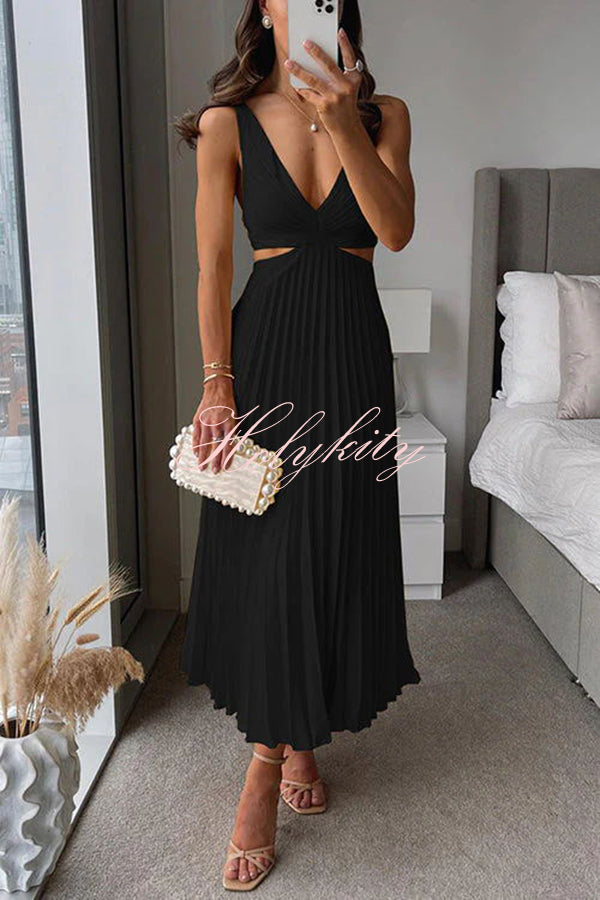 Summer Social Stain Pleated Cutout Waist Loose Midi Dress