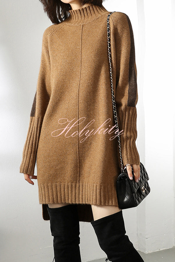 Dbfbdtu Knitted Turtleneck Slit Long Sleeved Mini Dress