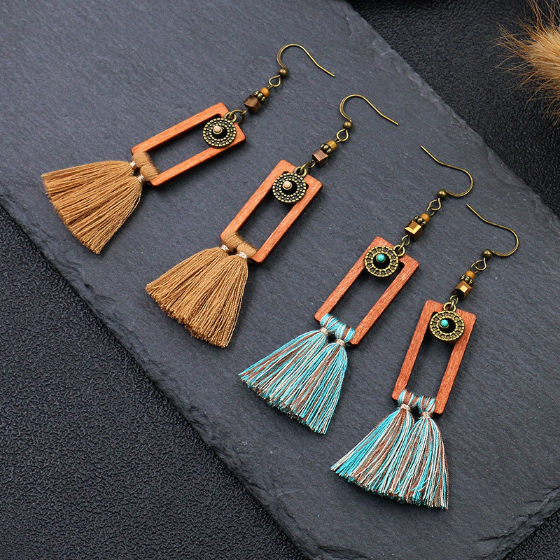 Bohemian Vintage Square Tassel Long Earrings