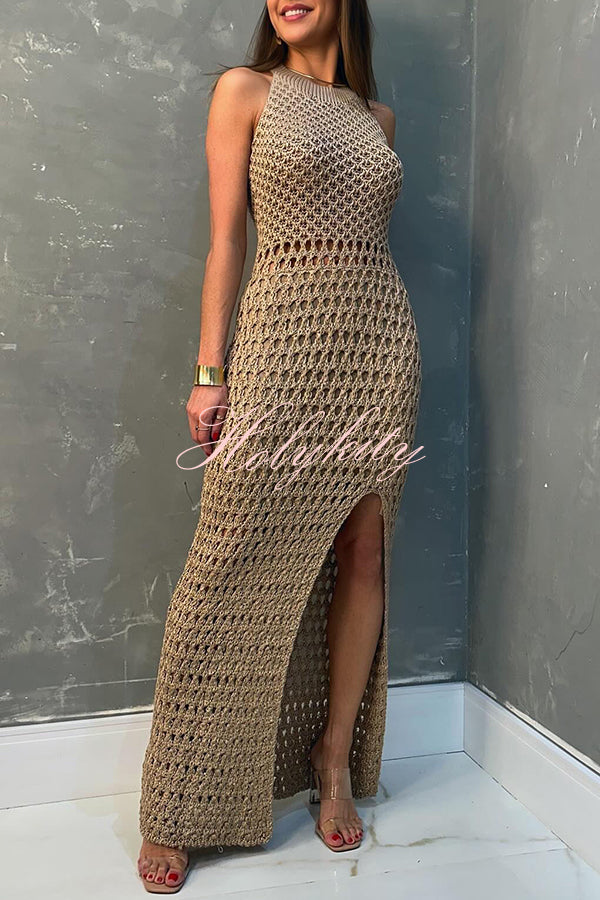 Smiles and Sunshine Knit Texture Hollow Tank Slit Stretch Maxi Dress