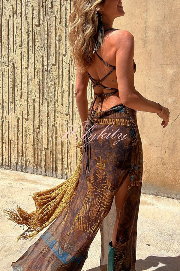 Gypsy Style Unique Print Cowl Neck Back Lace-up Slit Midi Dress