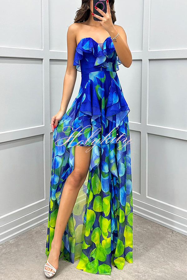 Loving Moment Gradient Unique Print Flowing Layered Ruffles Strapless Slit Maxi Dress