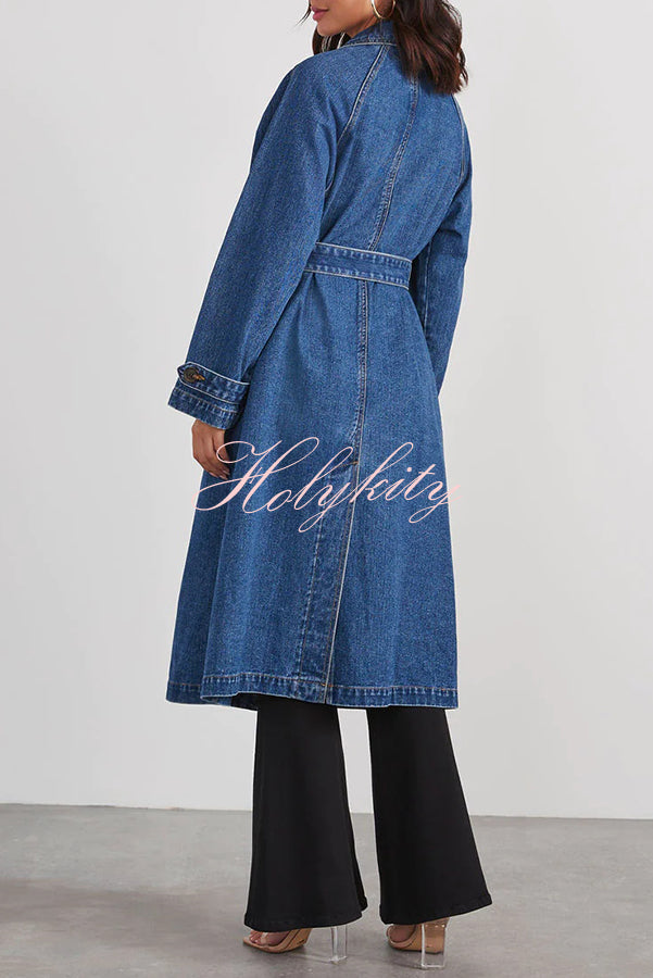 Solid Color Denim Double Pocket Button Down Midi Trench Coat