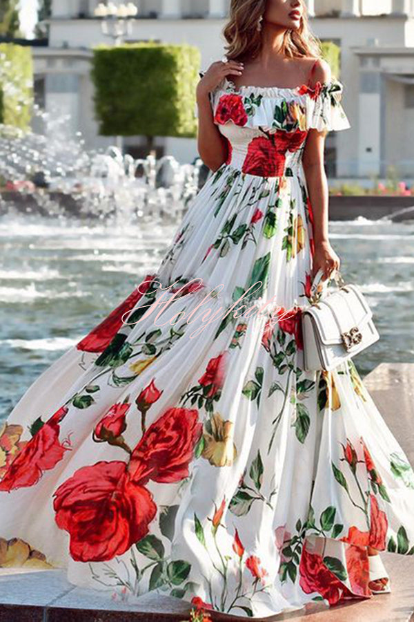 Glamorous Rose Print Patchwork Pleated High Waisted Maxi Dress