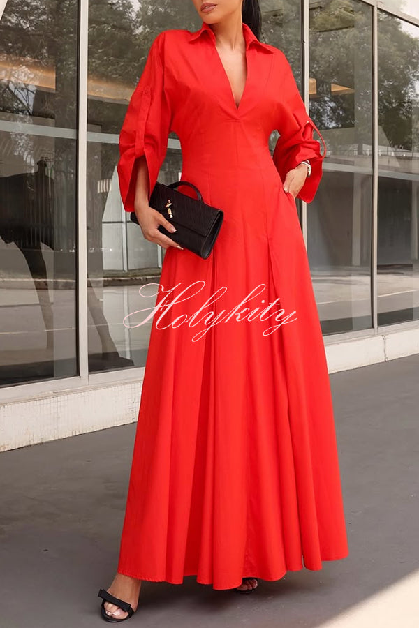 Newtown Wide Sleeve Pocketed Umbrella Hem Shirt Maxi Dress