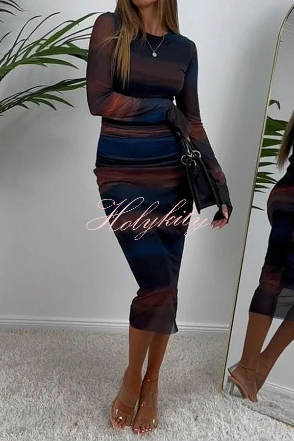 Sunset Evening Mesh Gradient Print Ruched Midi Dress