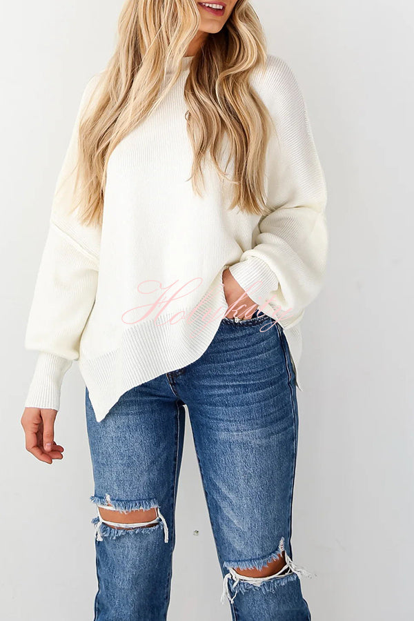 Distressed Knit Side Slit Long Sleeve Pullover Sweater