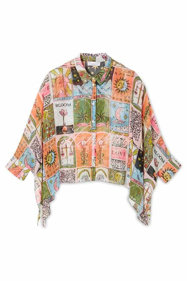 Whimsical Tarot Inspired Print Dolman Sleeve Flowy Shirt and Elastic Waist Wide Leg Pants Set