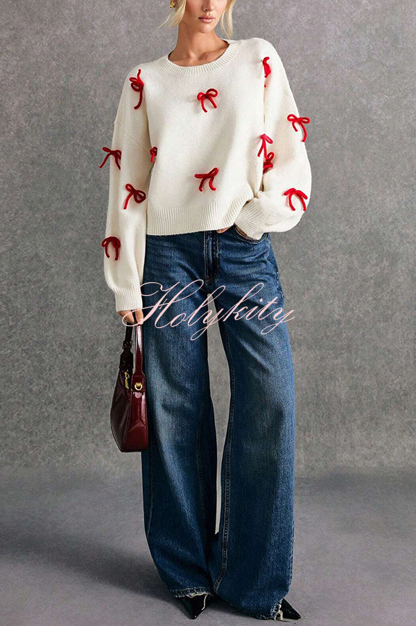 Christmas Bow Round Neck Loose Long Sleeve Knitted Sweater