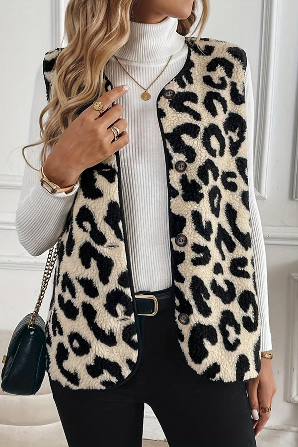 Leopard Print Sleeveless Button Plush Vest Jacket