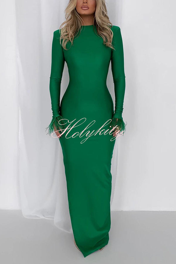 Solid Color Round Neck Ostrich Feather Long Sleeve Slim Maxi Dress