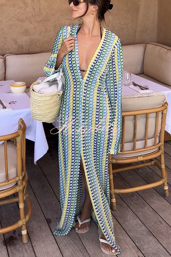 Bondi Beach Knit Colorful Wave Print Long Sleeve Vacation Maxi Dress