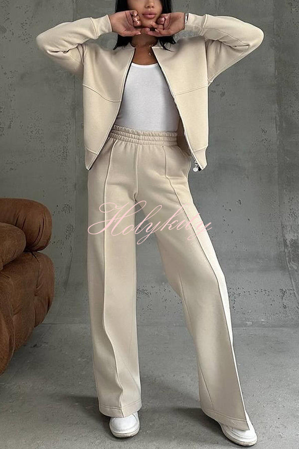 Solid Color Casual Long Sleeve Zipper Jacket and Elastic Waist Pocket Wide Leg Pants Set