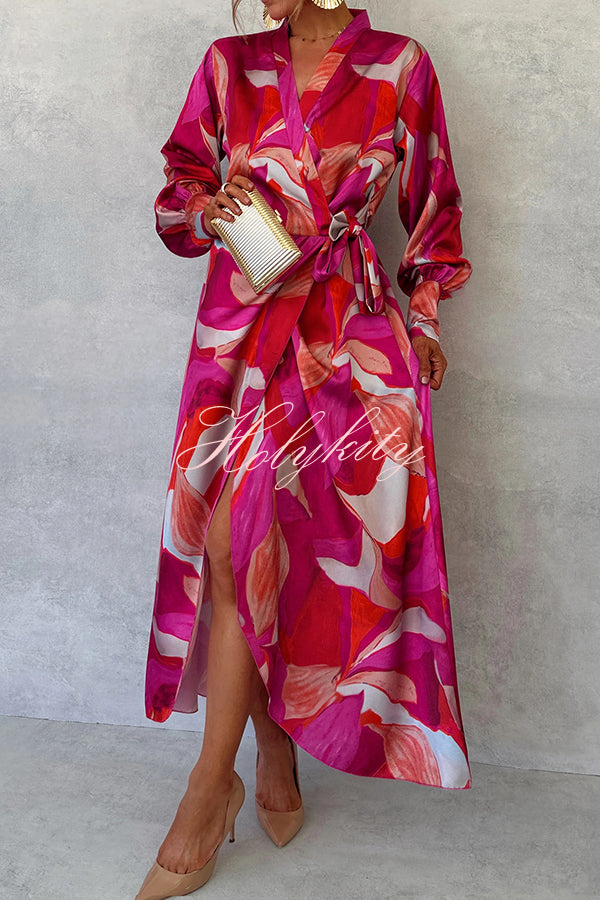 Unique Printed Long Sleeve V-neck Tie-up Waist Slit Maxi Dress