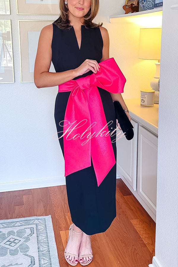 Clean Tailored Taffeta Contrast Oversized Bow Tie Waist Midi Dress