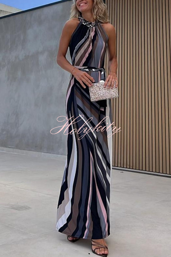 Flowing Elegance Colored Lines Printed Belt Halter Maxi Dress